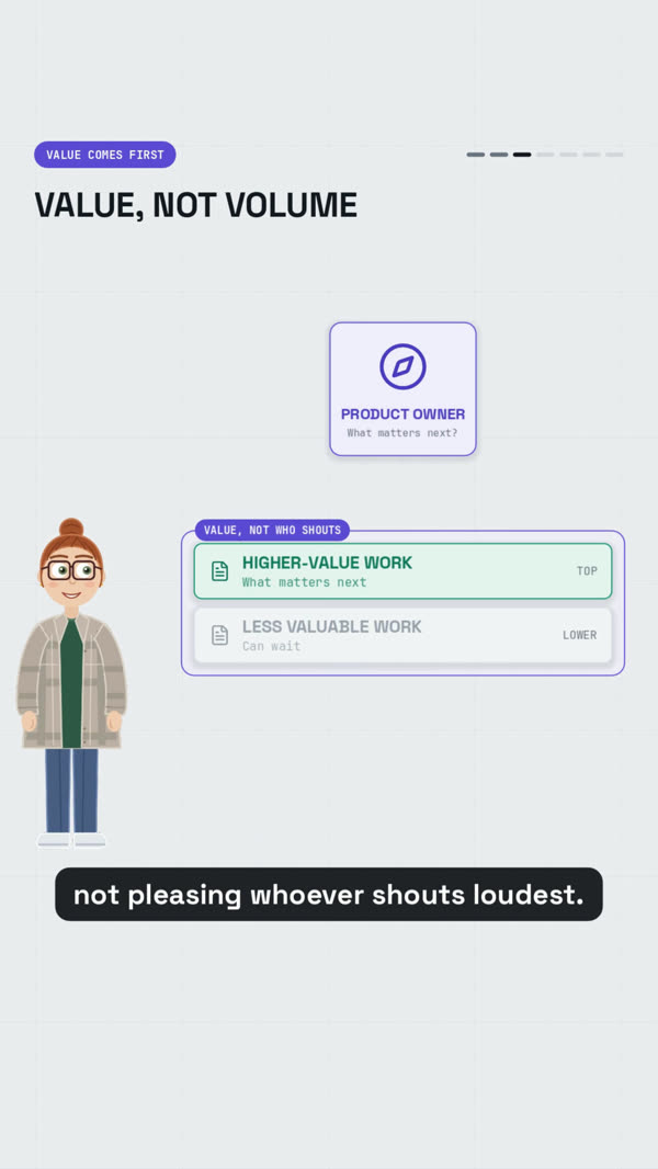 A light-theme frame from an Agile video: a presenter next to backlog cards ordered by value